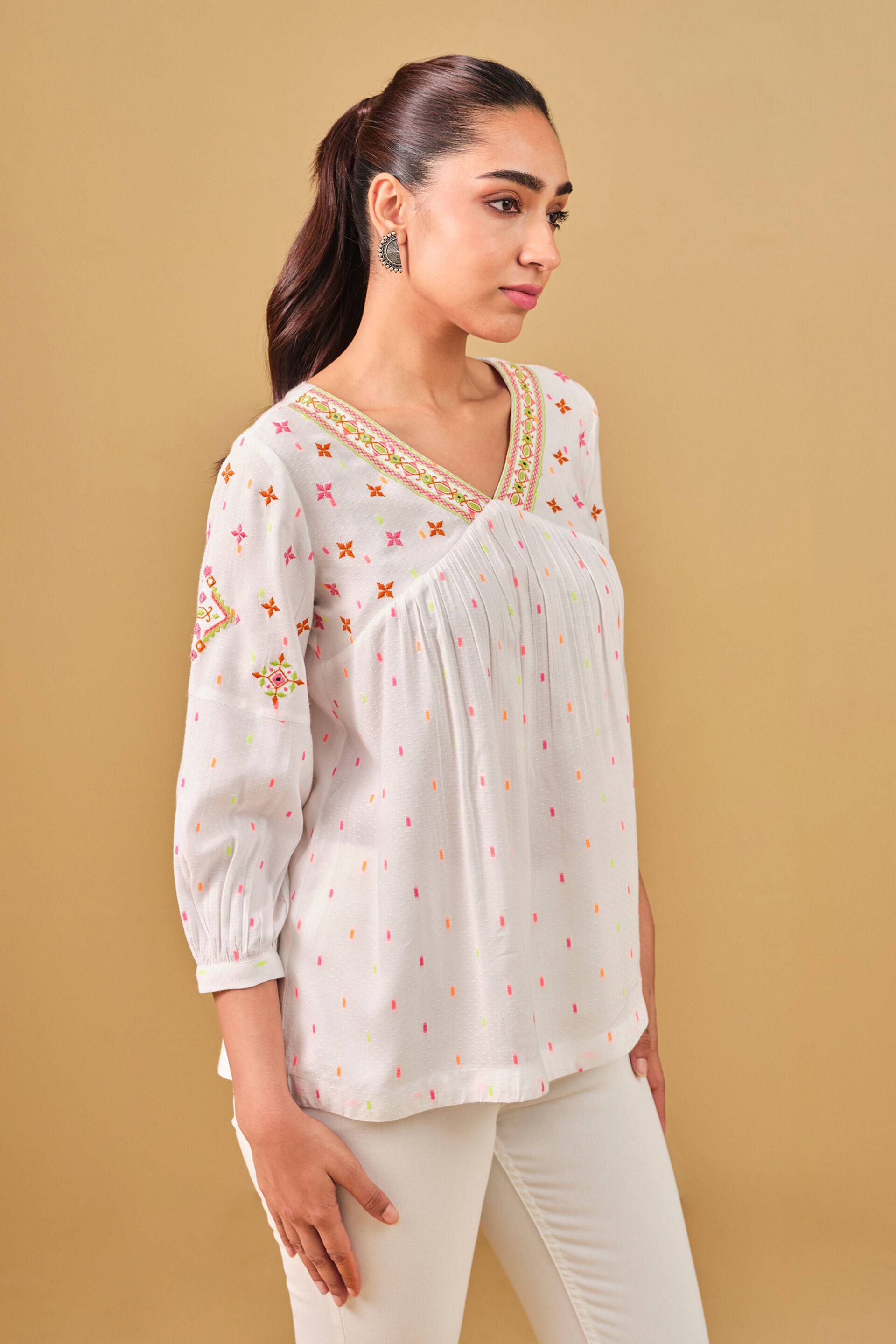 White Embroidered Viscose Top, White, image 6